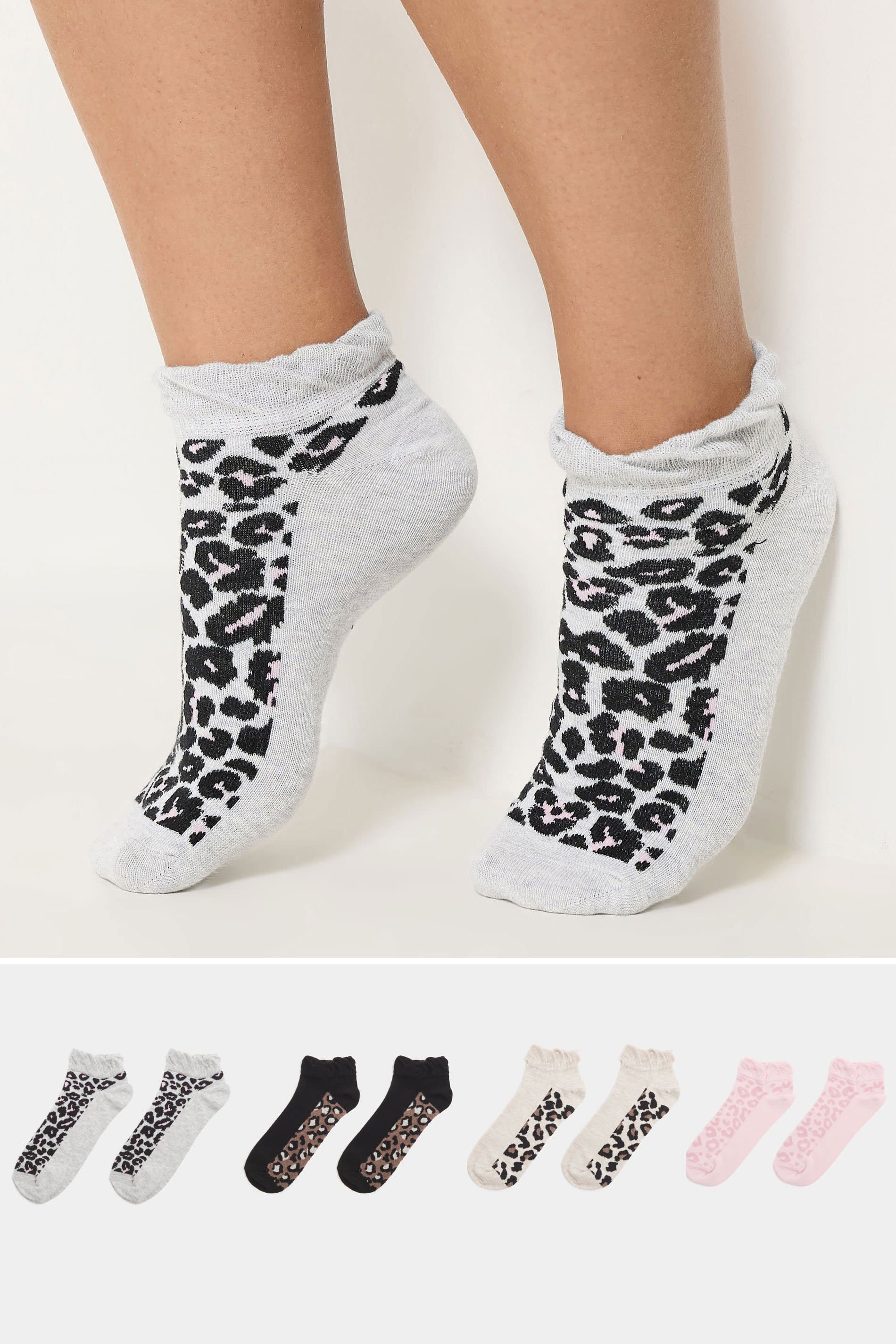 Yours 4 Pack Plus Size Black Animal Print Trainer Liner Socks