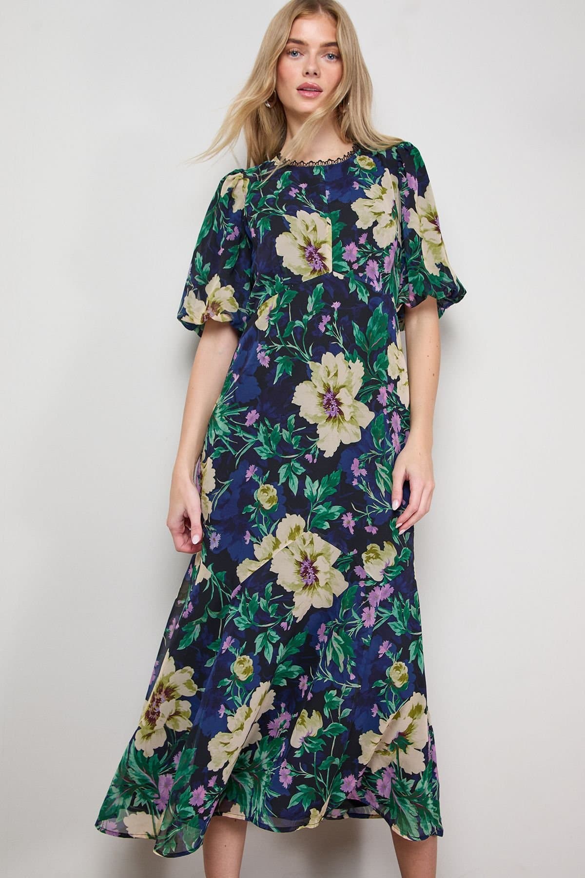 Oasis Oasis Women's Puff Sleeve Trim Detail Panelled Tea Dress in Navy