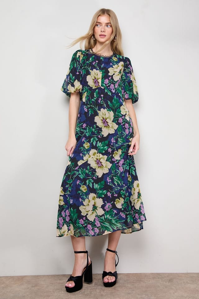 Oasis Oasis Women's Puff Sleeve Trim Detail Panelled Tea Dress in Navy - 2