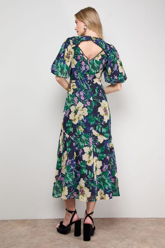 Oasis Oasis Women's Puff Sleeve Trim Detail Panelled Tea Dress in Navy - 3