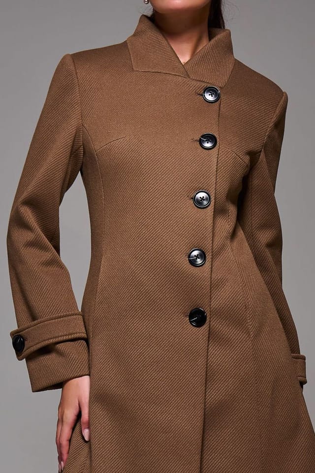 Jolie Moi Jolie Moi Women's Asymmetric Button Detail Fit & Flare Coat in Brown - 3