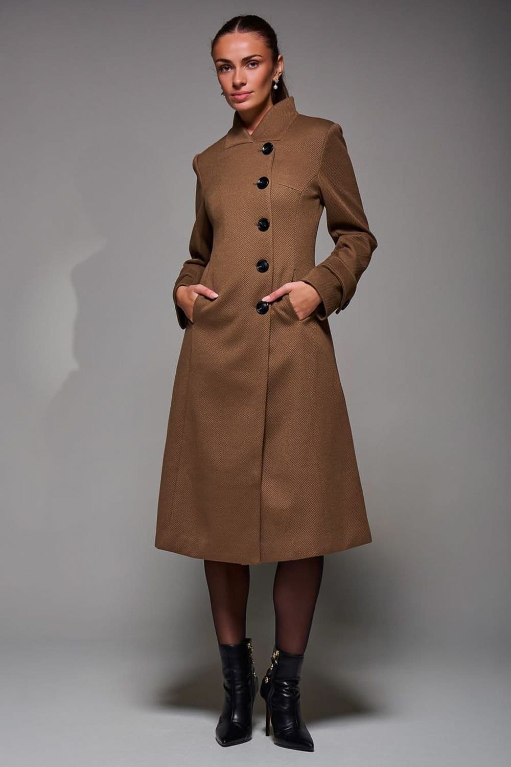 Jolie Moi Jolie Moi Women's Asymmetric Button Detail Fit & Flare Coat in Brown - 4