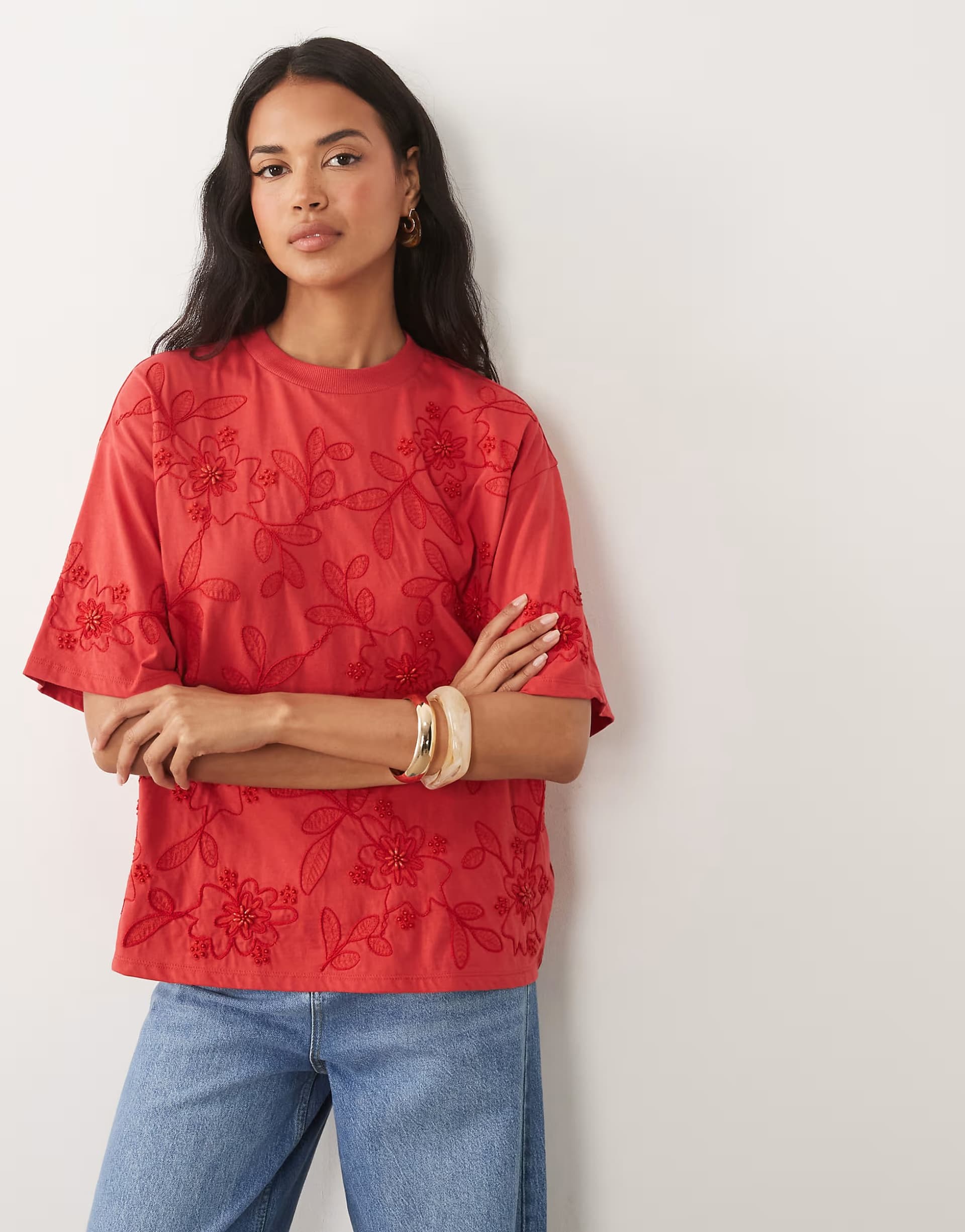 ASOS ASOS DESIGN boxy tee with embellished beaded flowers in red