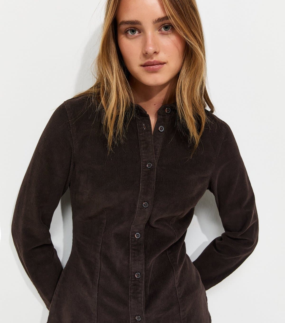 New Look Women's Dark Brown Cotton Rich Corduroy Fitted Shirt New Look