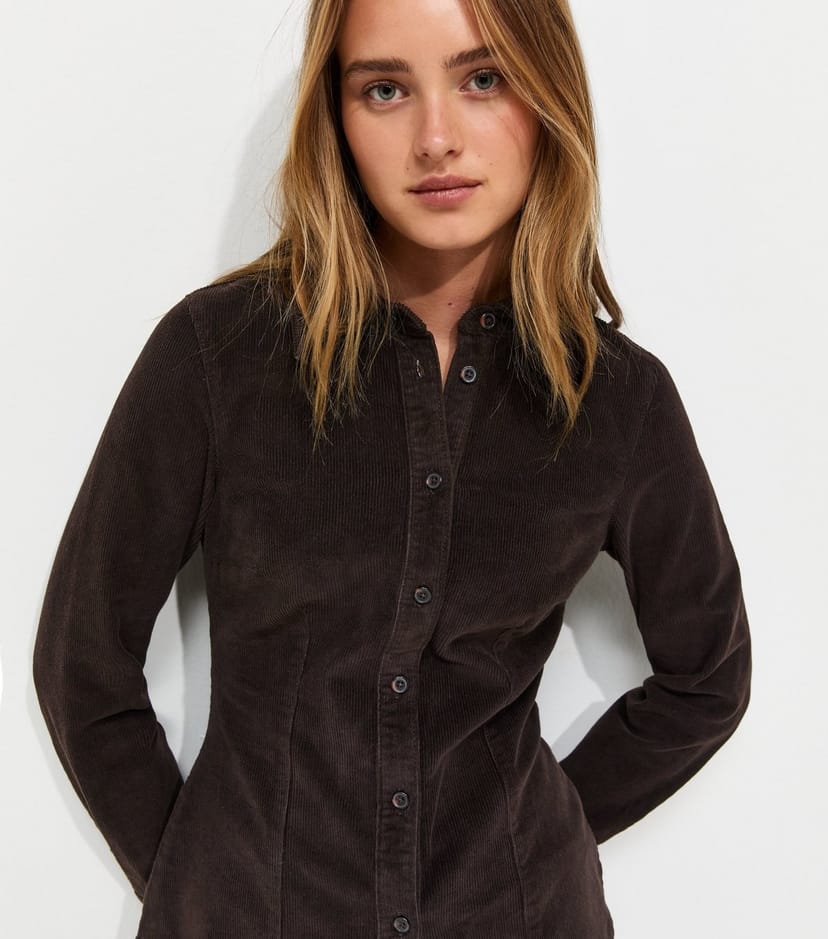 New Look Women's Dark Brown Cotton Rich Corduroy Fitted Shirt New Look - 1