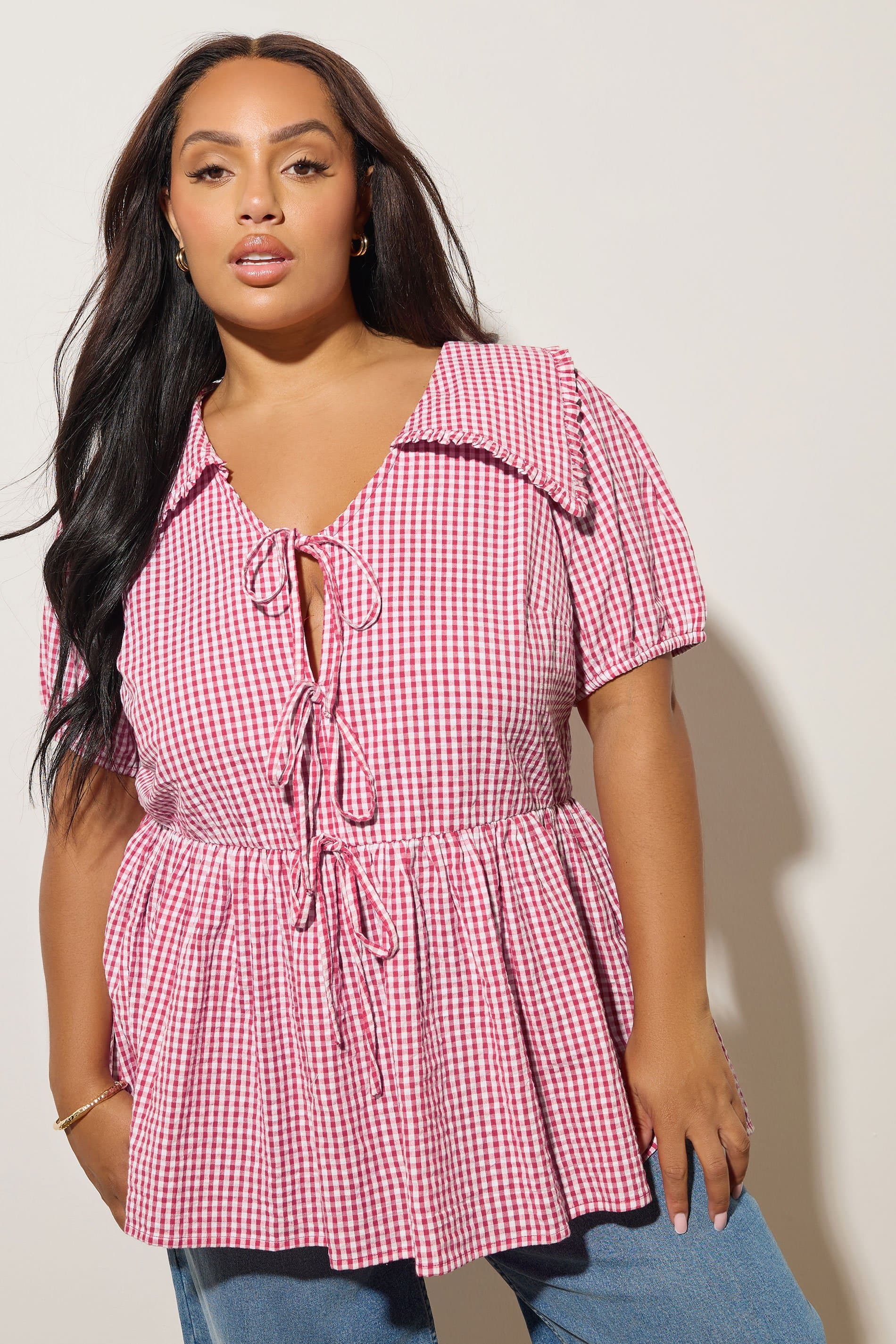 Yours Plus Size Red Gingham Tie Front Blouse
