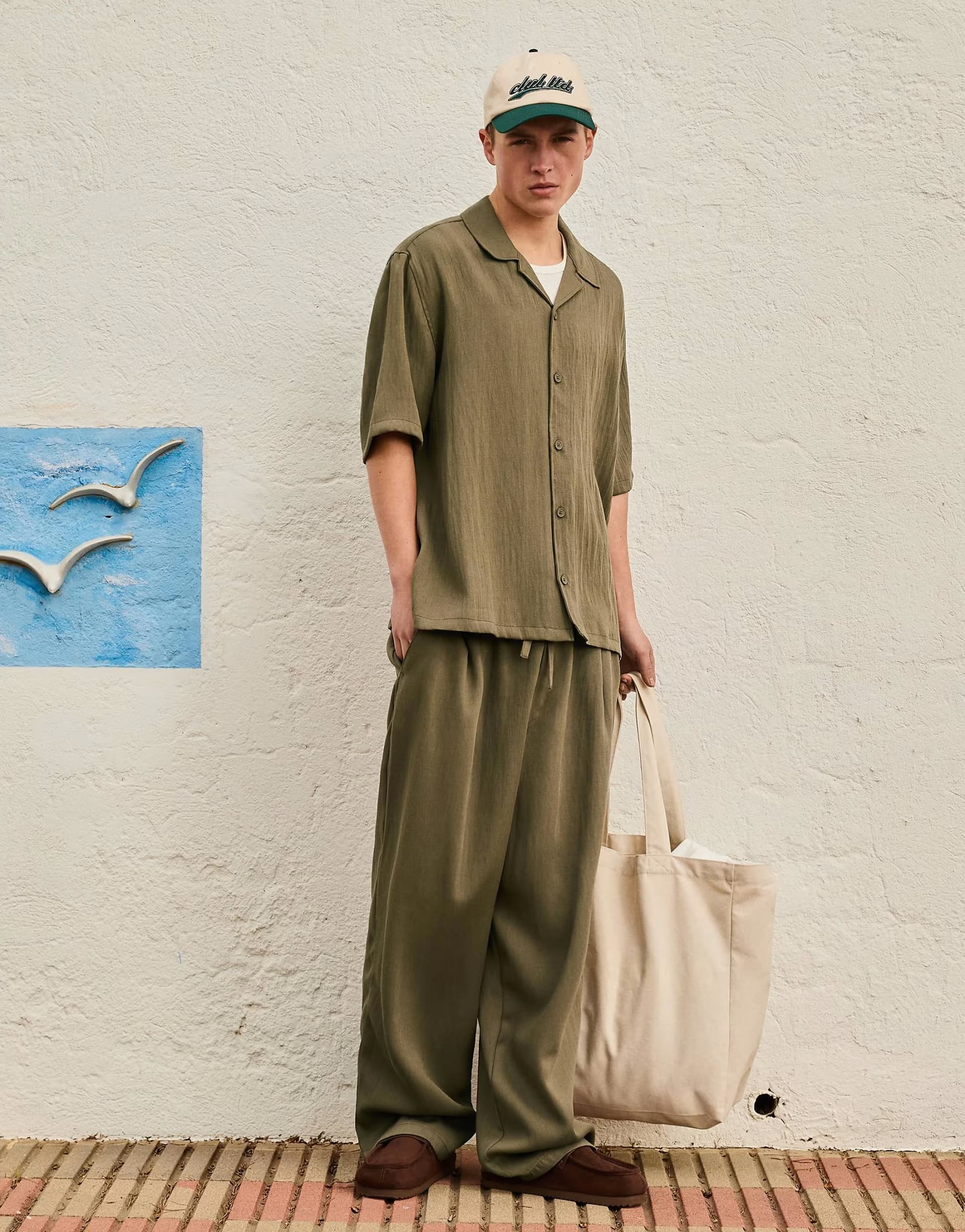ASOS Bershka Super baggy rustic trousers in khaki
