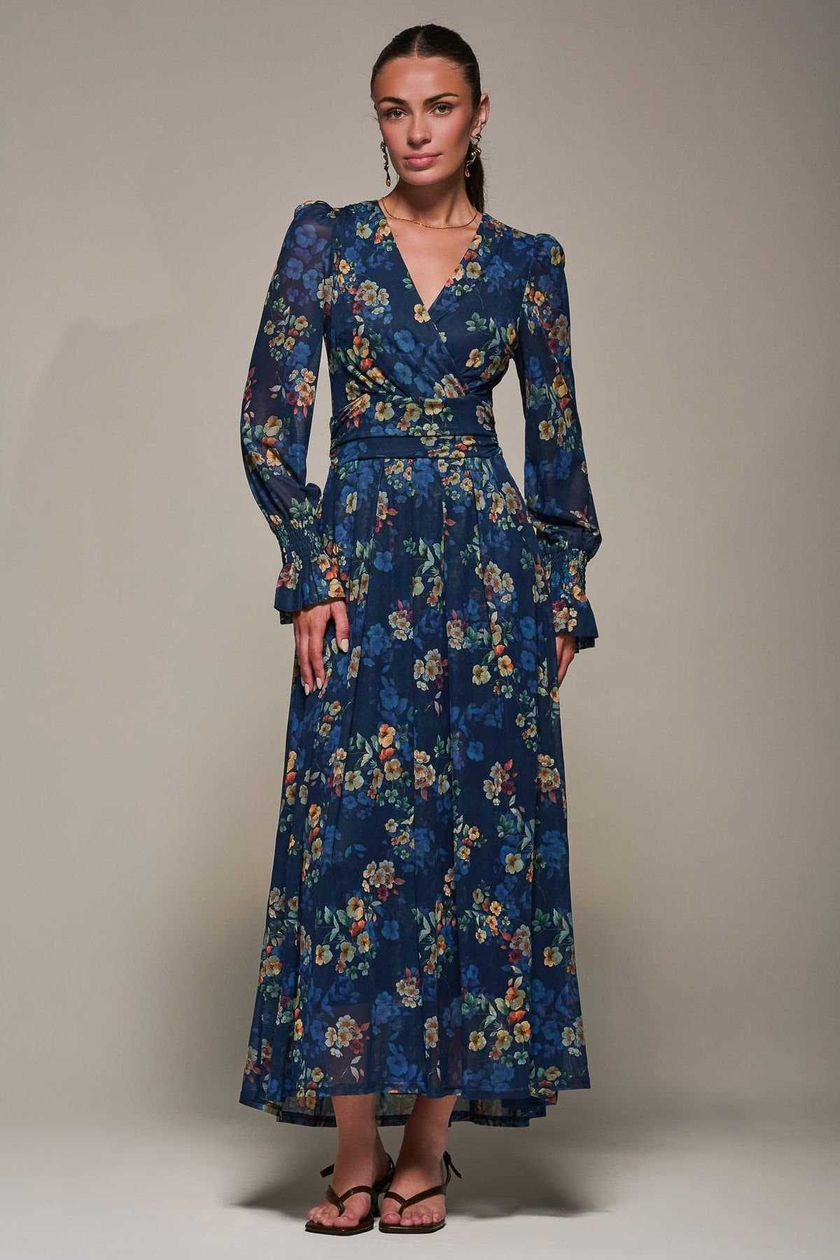 Jolie Moi Jolie Moi Women's Long Sleeve Mesh Maxi Dress in Navy