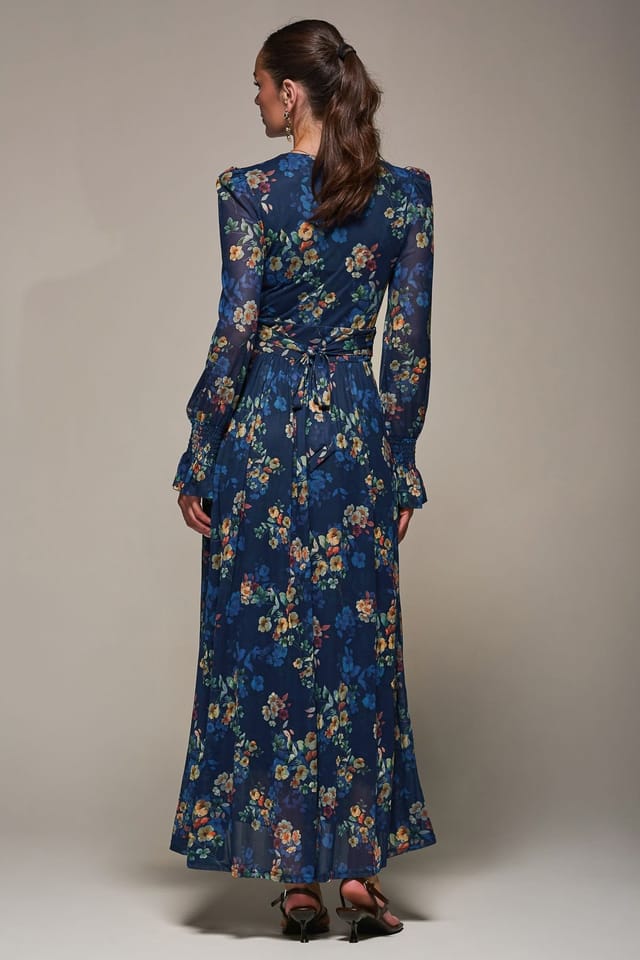 Jolie Moi Jolie Moi Women's Long Sleeve Mesh Maxi Dress in Navy - 2