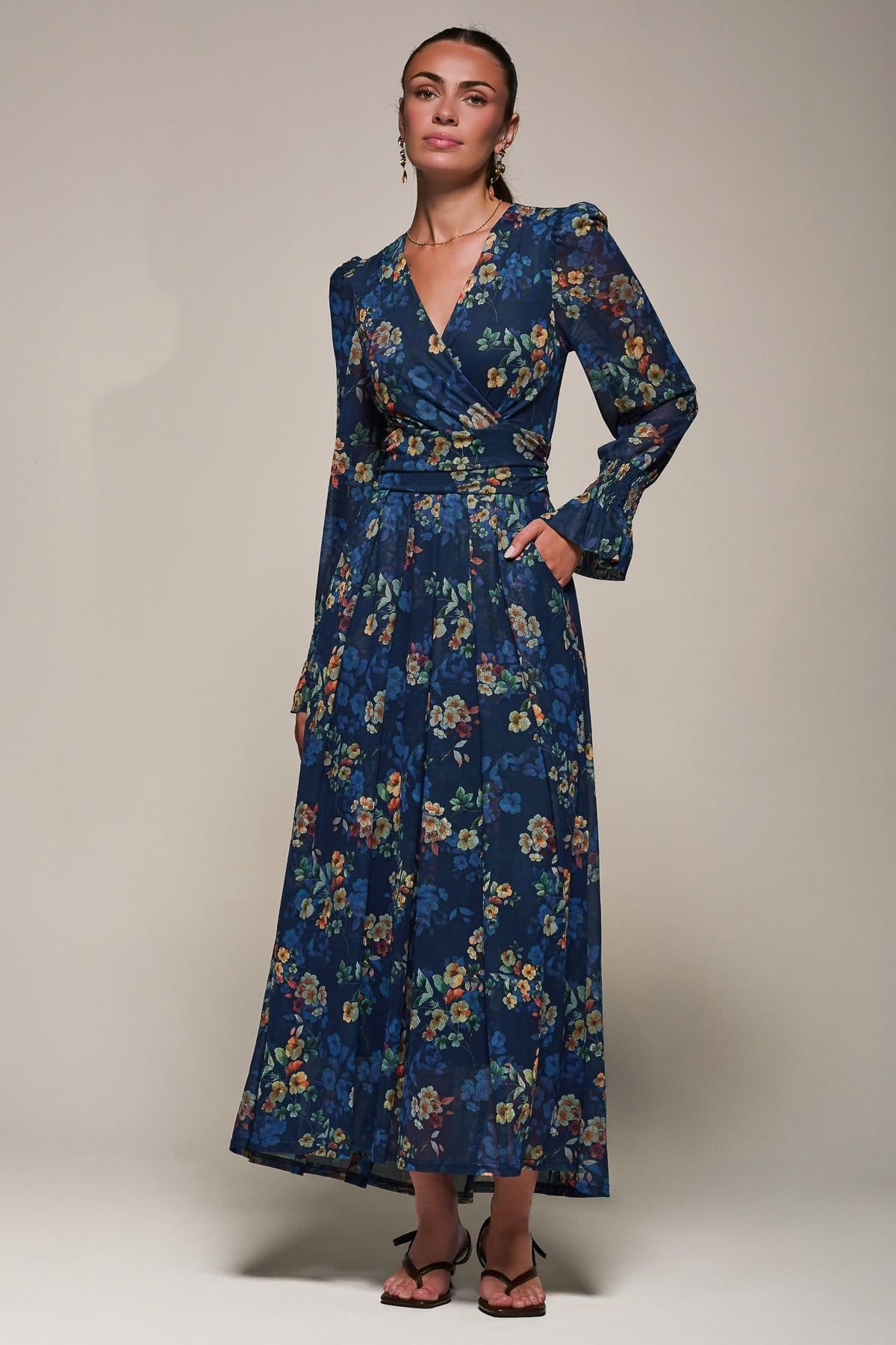 Jolie Moi Jolie Moi Women's Long Sleeve Mesh Maxi Dress in Navy - 4