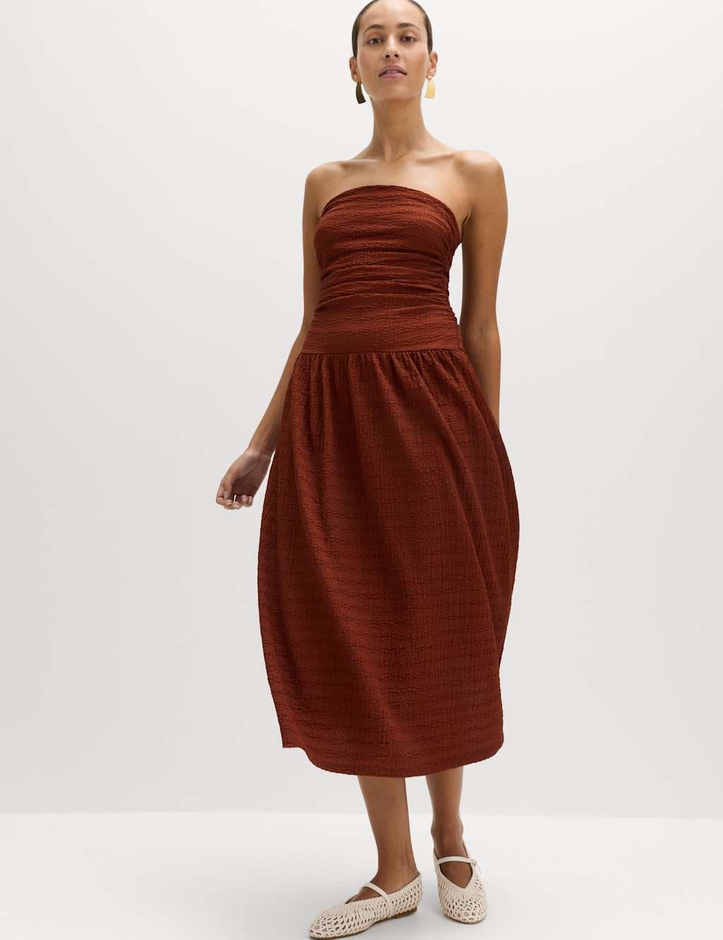 Marks & Spencer M&S Textured Bandeau Midi Waisted Dress Brandy