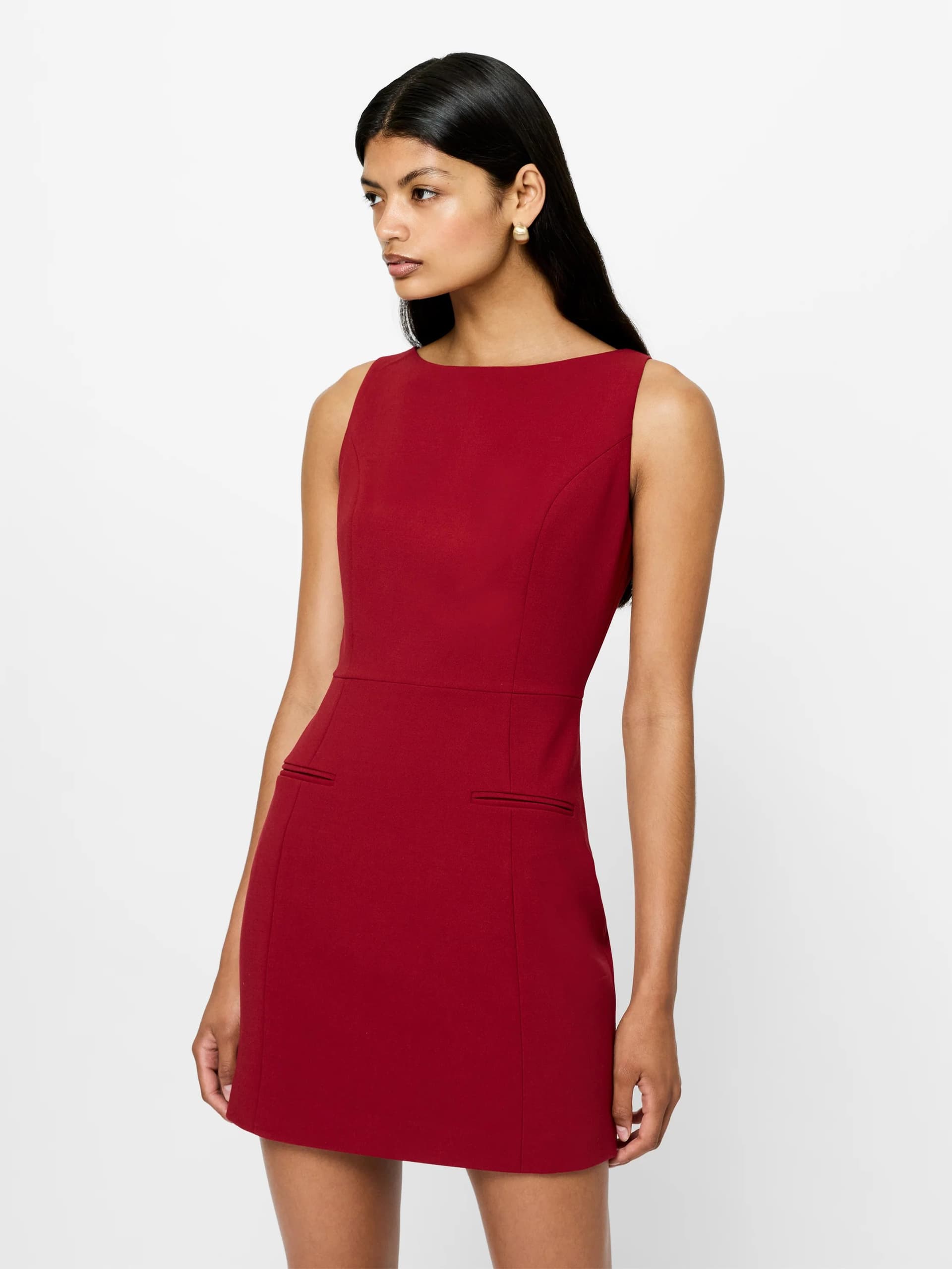French Connection Whisper Red Boat Neck Sleeveless Mini Dress Cranberry Glaze