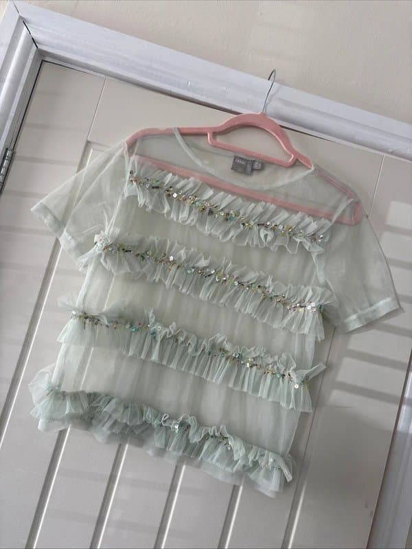 ASOS ASOS Embellished Boho Sage Green Sheer Ruffled Blouse - Size 10