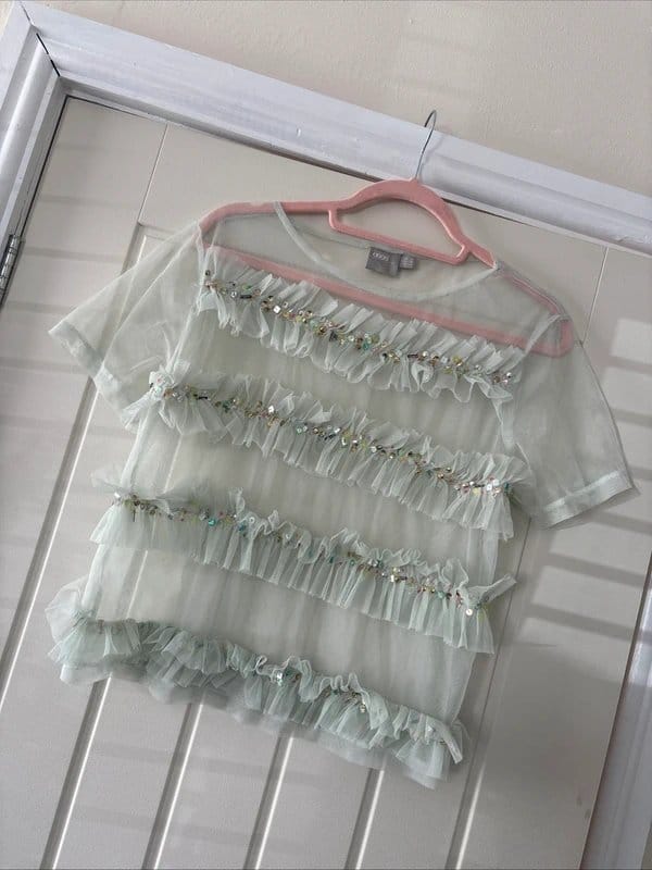 ASOS Embellished Boho Sage Green Sheer Blouse - Size 10