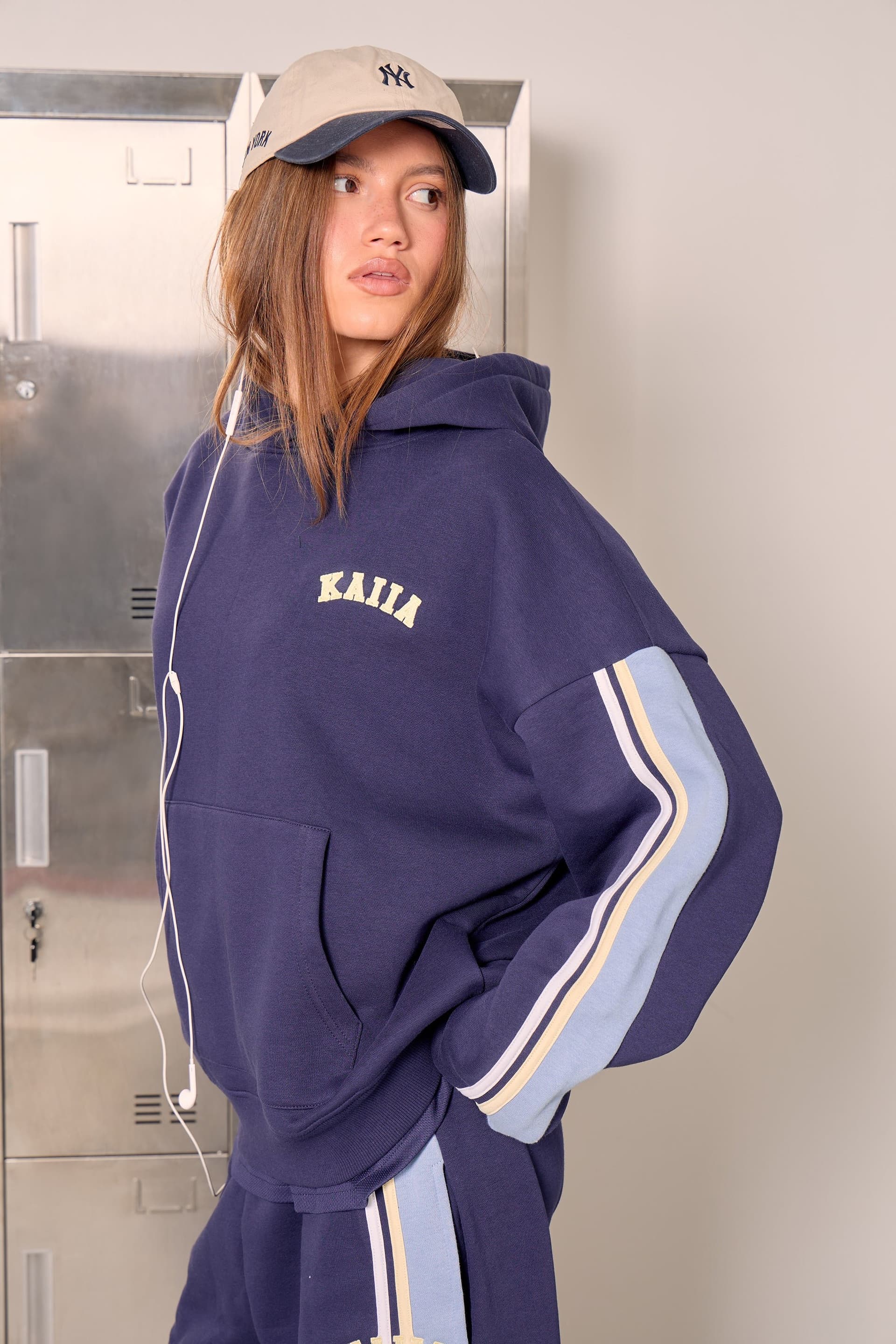 Kaiia Kaiia Sport Side Stripe Oversized Hoodie Navy & Powder Blue