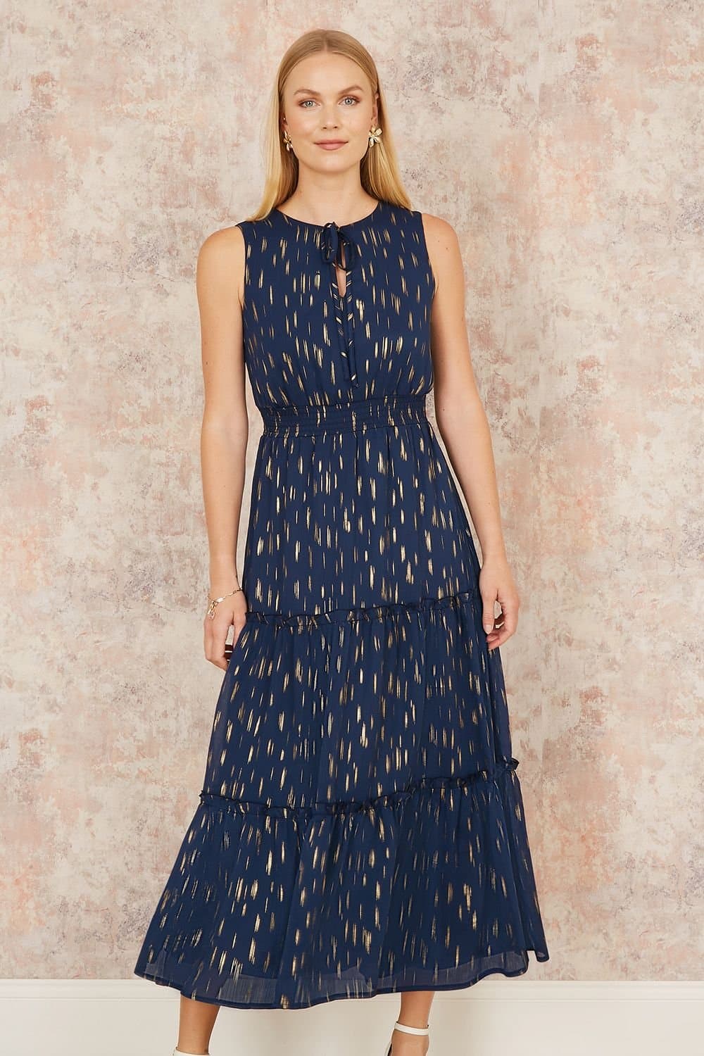 Yumi Yumi Women's Navy Foil Print Ruched Waist Midi Dress With Tie Notch Neckline
