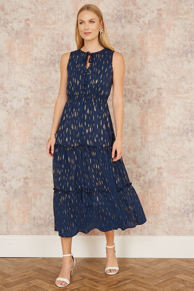 Yumi Yumi Women's Navy Foil Print Ruched Waist Midi Dress With Tie Notch Neckline - 2