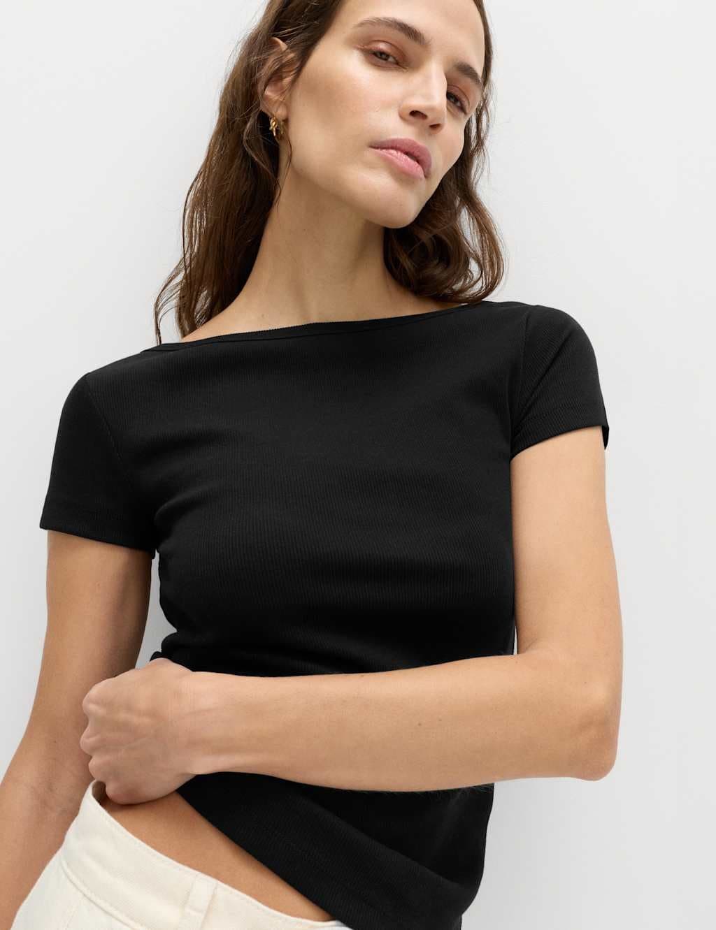 Marks & Spencer M&S Black Cotton Rich Ribbed Slash Neck T-Shirt