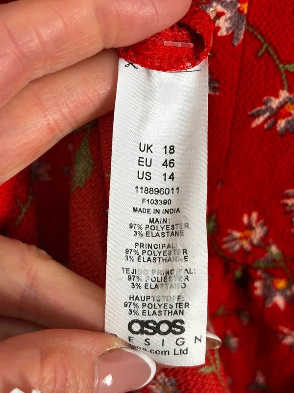 ASOS UK 18 ASOS Design Red Daisy Smock Dress Stretch Tiered Oversized Long Sleeve - 1