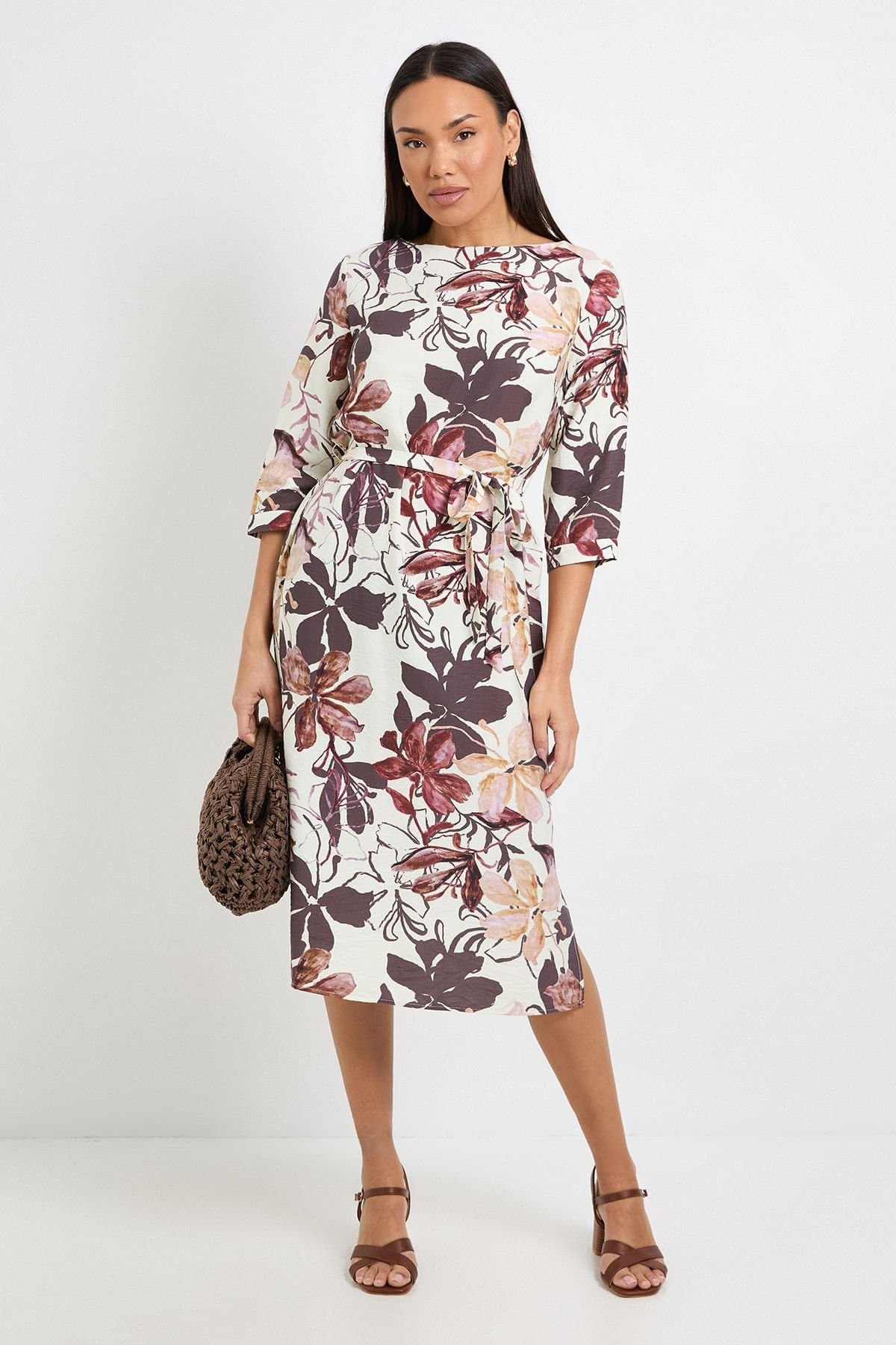 Wallis Wallis Women's Summer Floral Belted Midi Dress in Chocolate