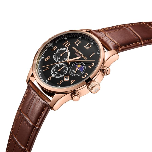 Anthony James Anthony James Men's Hand Assembled Moonphase Chronograph Rose Black Watch - 2