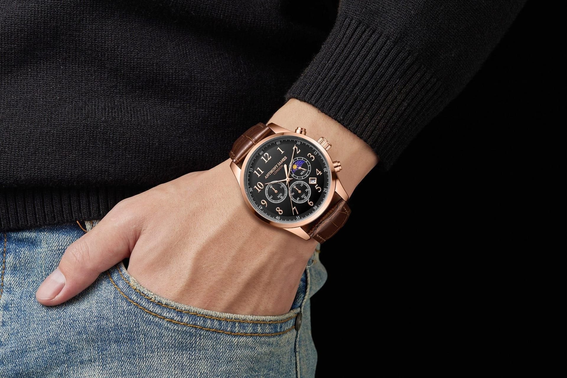 Anthony James Anthony James Men's Hand Assembled Moonphase Chronograph Rose Black Watch - 4