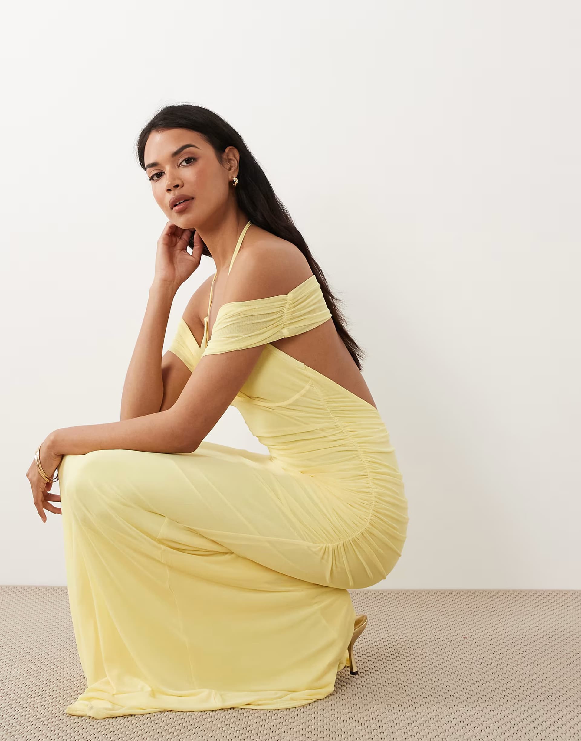 ASOS ASOS DESIGN mesh fishtail maxi dress with off shoulder grazer ruched layer in lemon