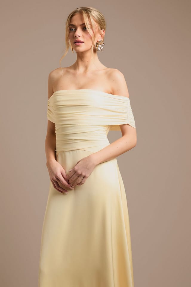 Oasis Oasis Women's Mesh & Satin Bardot Bridesmaid Dress in Butter - 2