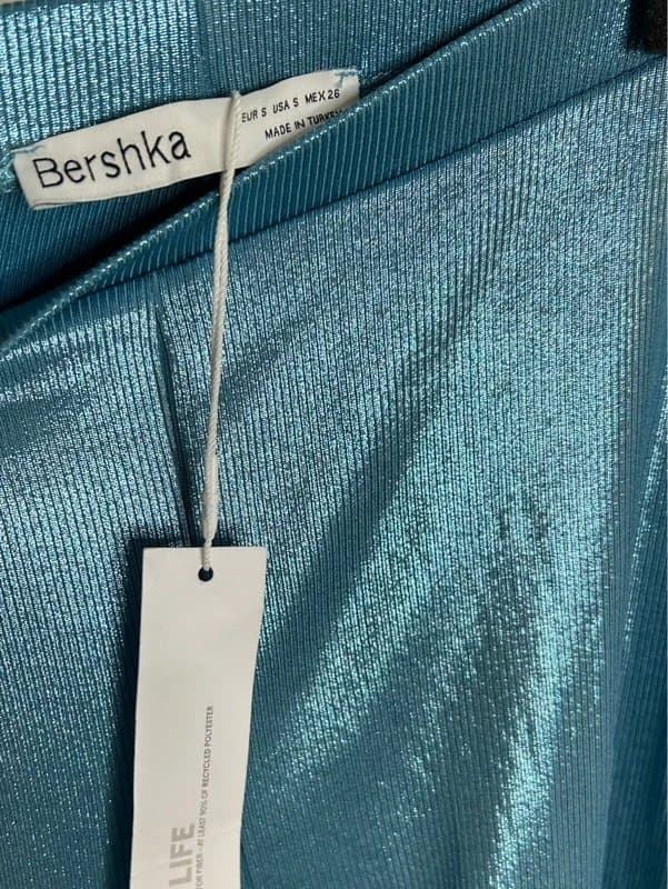 Bershka Bershka Metallic Flared Trousers – Blue Shimmer – Size S – New with Tags
