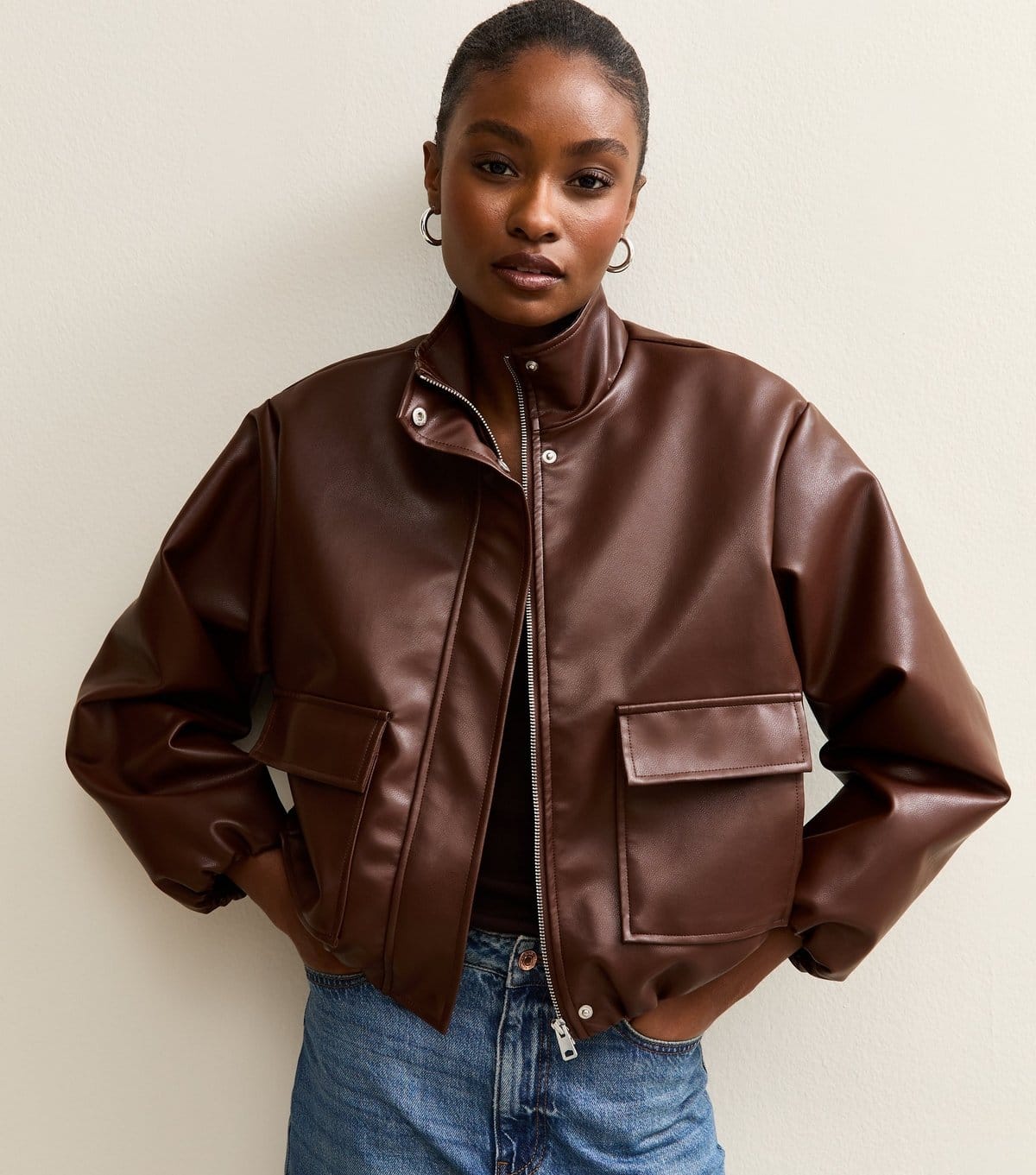 New Look Women's Dark Brown Faux Leather Funnel Neck Bomber Jacket New Look - 1