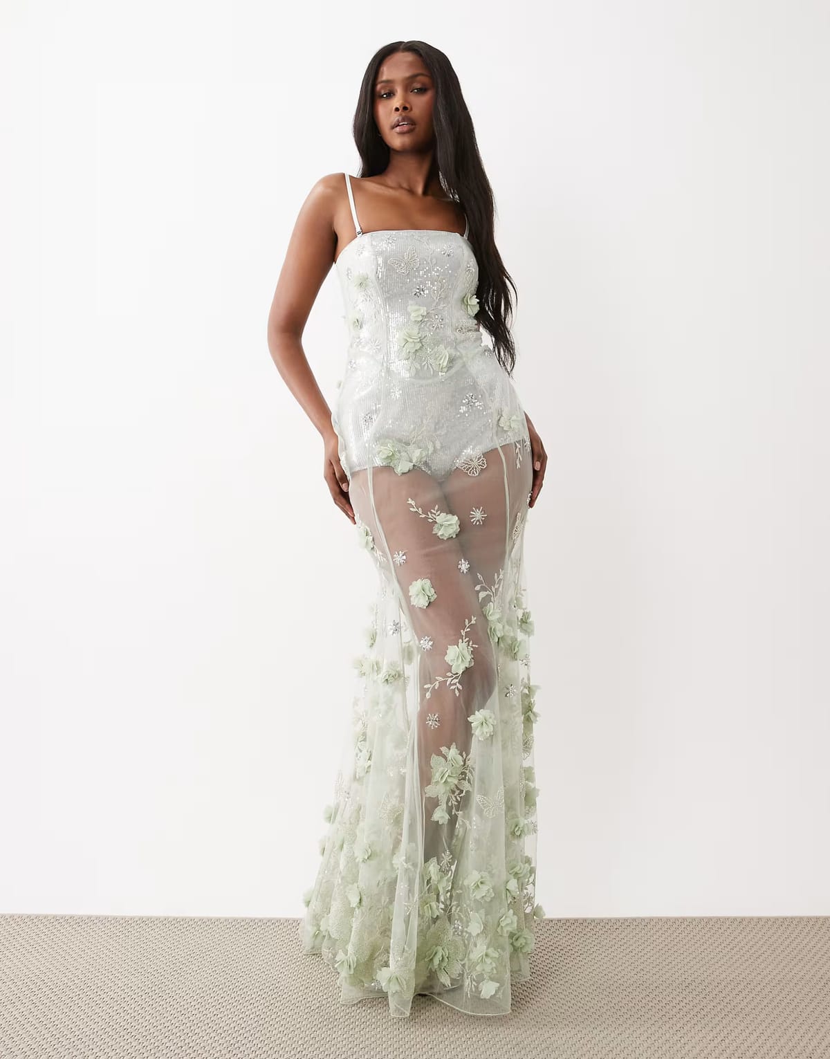 ASOS Oh Polly Premium Embellished Tulle Corset Gown in Sage Green - 1