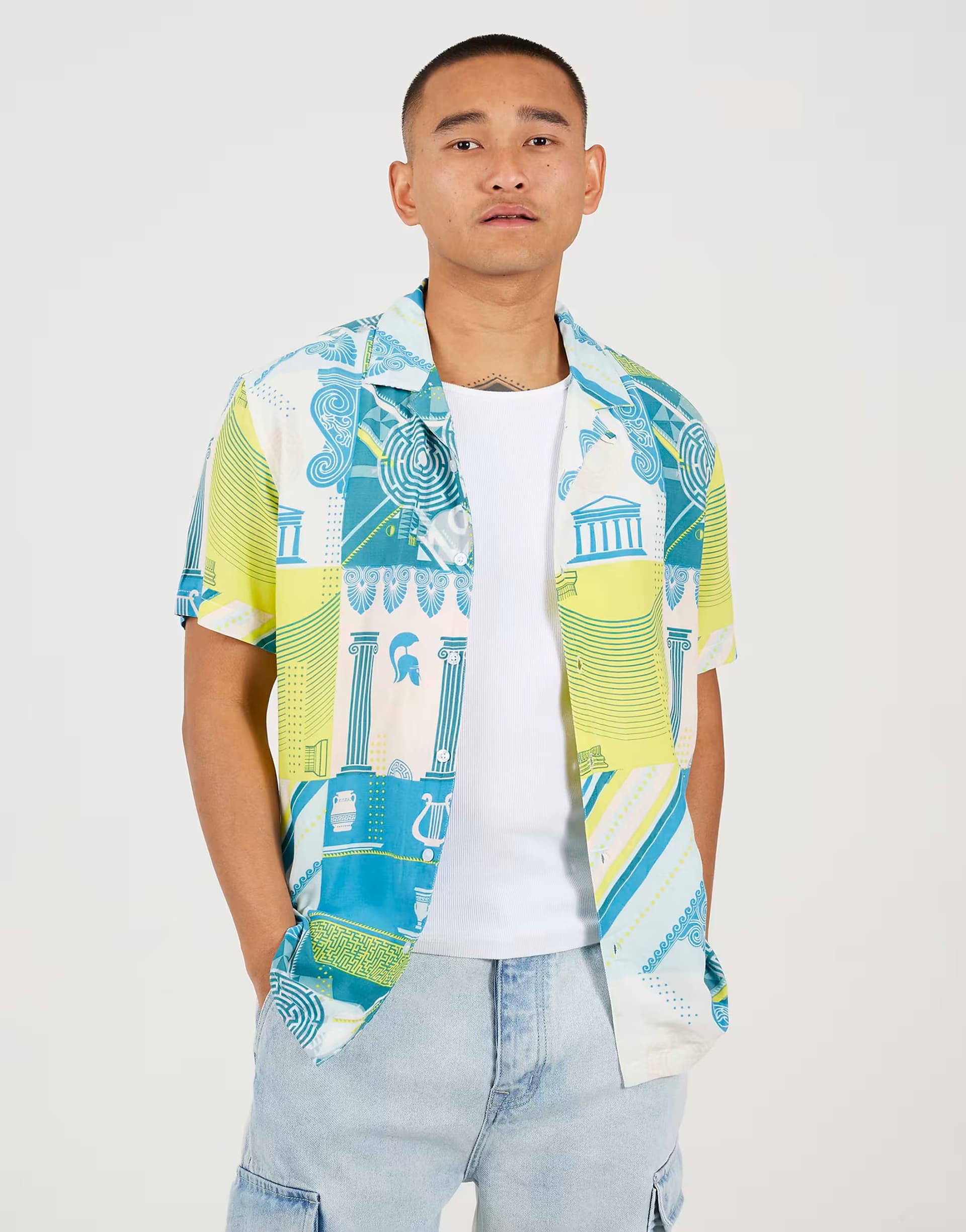 ASOS Brave Soul Revere collar graphic print shirt in white