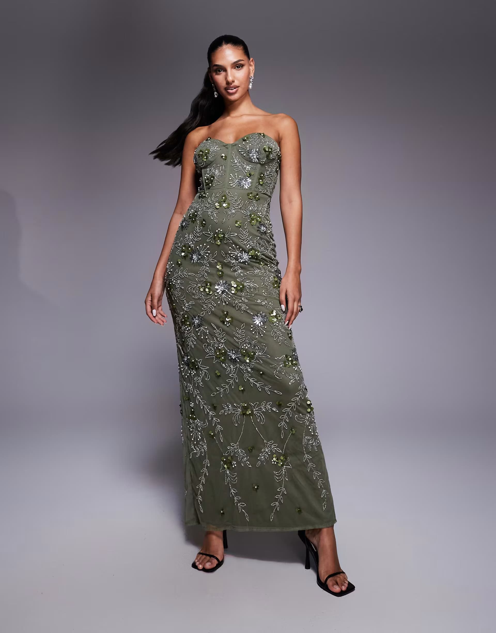ASOS Beauut embellished corset strapless slit back maxi dress in khaki