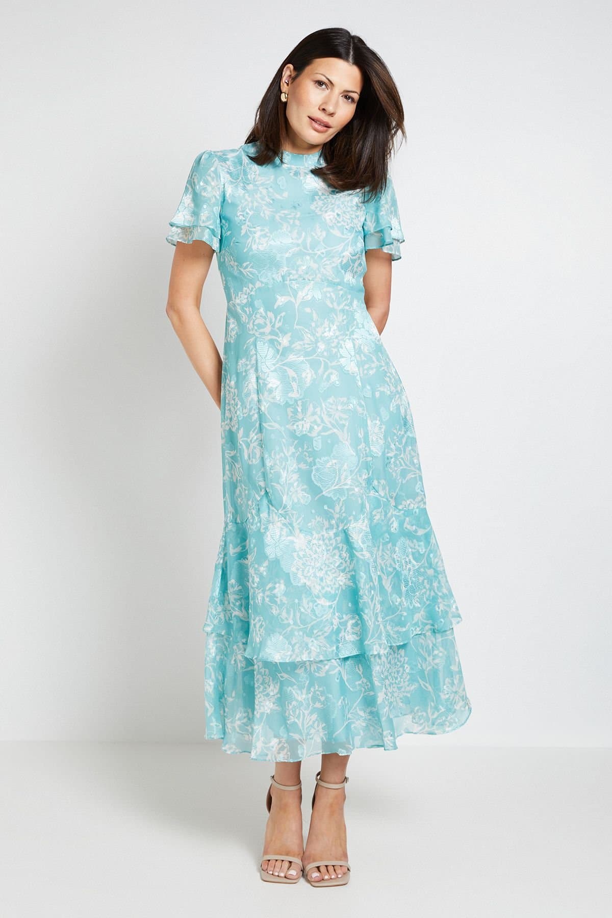 Wallis Wallis Women's Floral Burn Out Ruffle Midi Dress in Sage