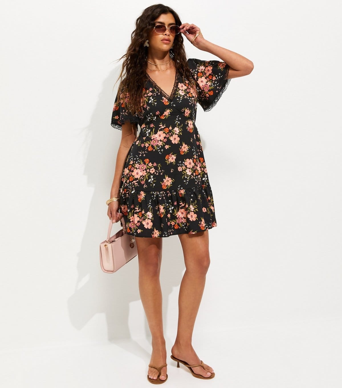 Women's Black Floral Lace Trim Mini Tea Dress New Look