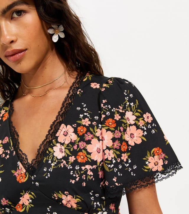New Look Women's Black Floral Lace Trim Mini Tea Dress New Look - 2