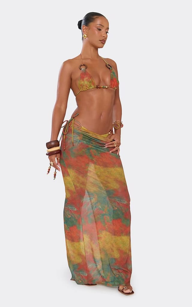 EGO Ruched Beaded Detail Maxi Skirt In Multi Abstract Print Mesh, Women's Size UK 6 - 2