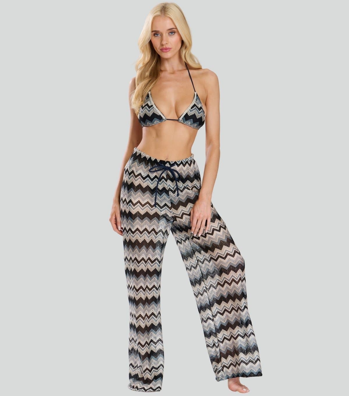 South Beach Women's Blue Zig Zag Crochet Wide Leg Trousers South Beach New Look