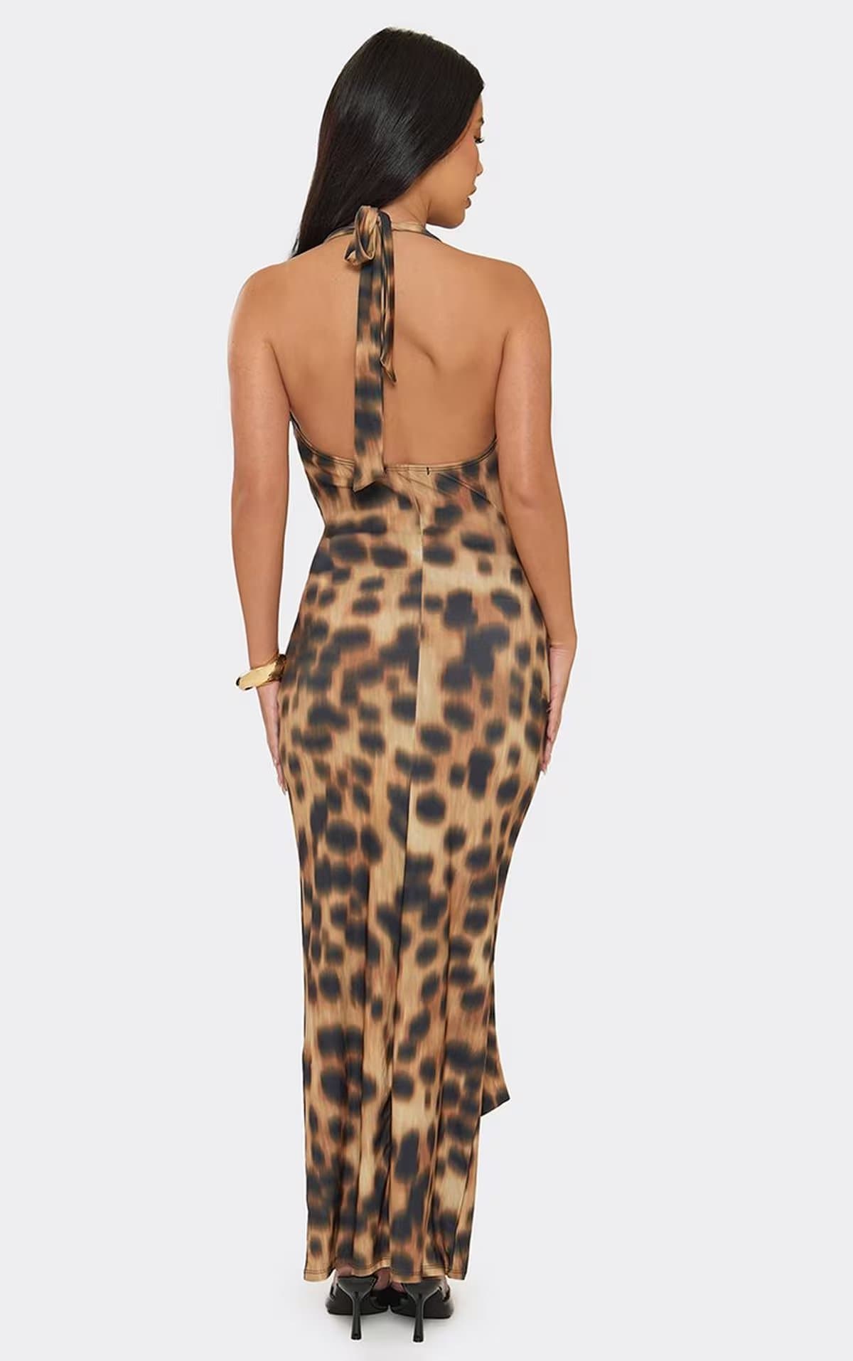 EGO Cowl Neck Tie Drape Front Maxi Dress In Brown Leopard Print, Women's Size UK 6