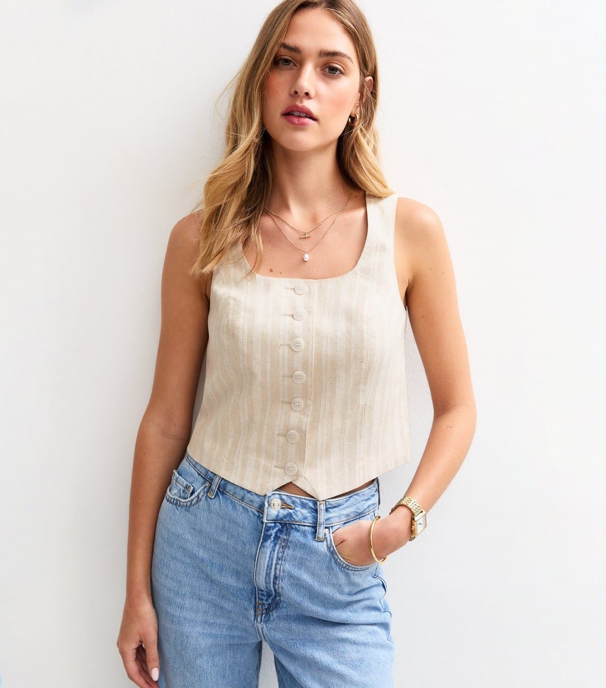 New Look Women's Cream Striped Scoop Neck Waistcoat New Look