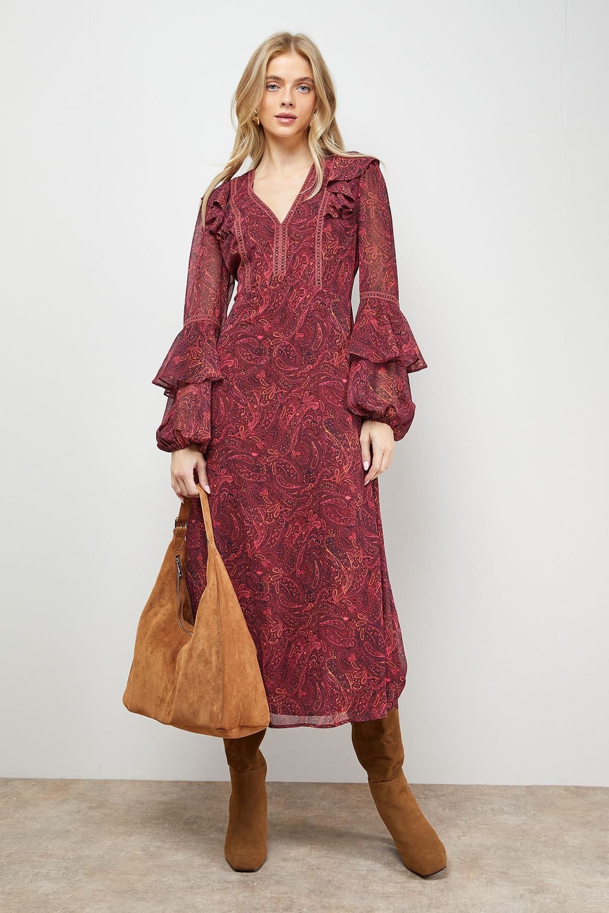 Oasis Oasis Women's Printed Trim Detail Frill Shoulder Midi Tea Dress