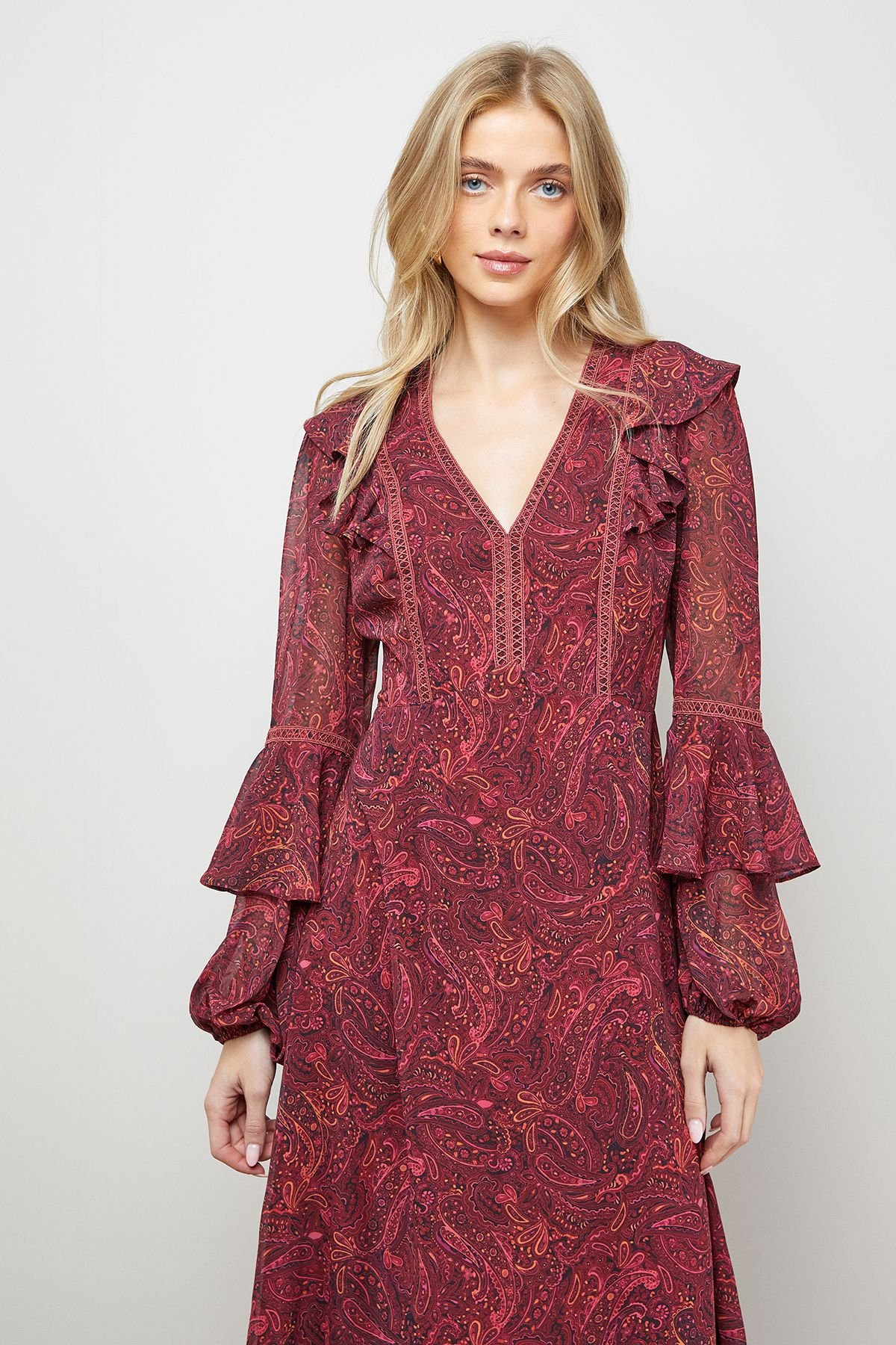 Oasis Oasis Women's Printed Trim Detail Frill Shoulder Midi Tea Dress - 2