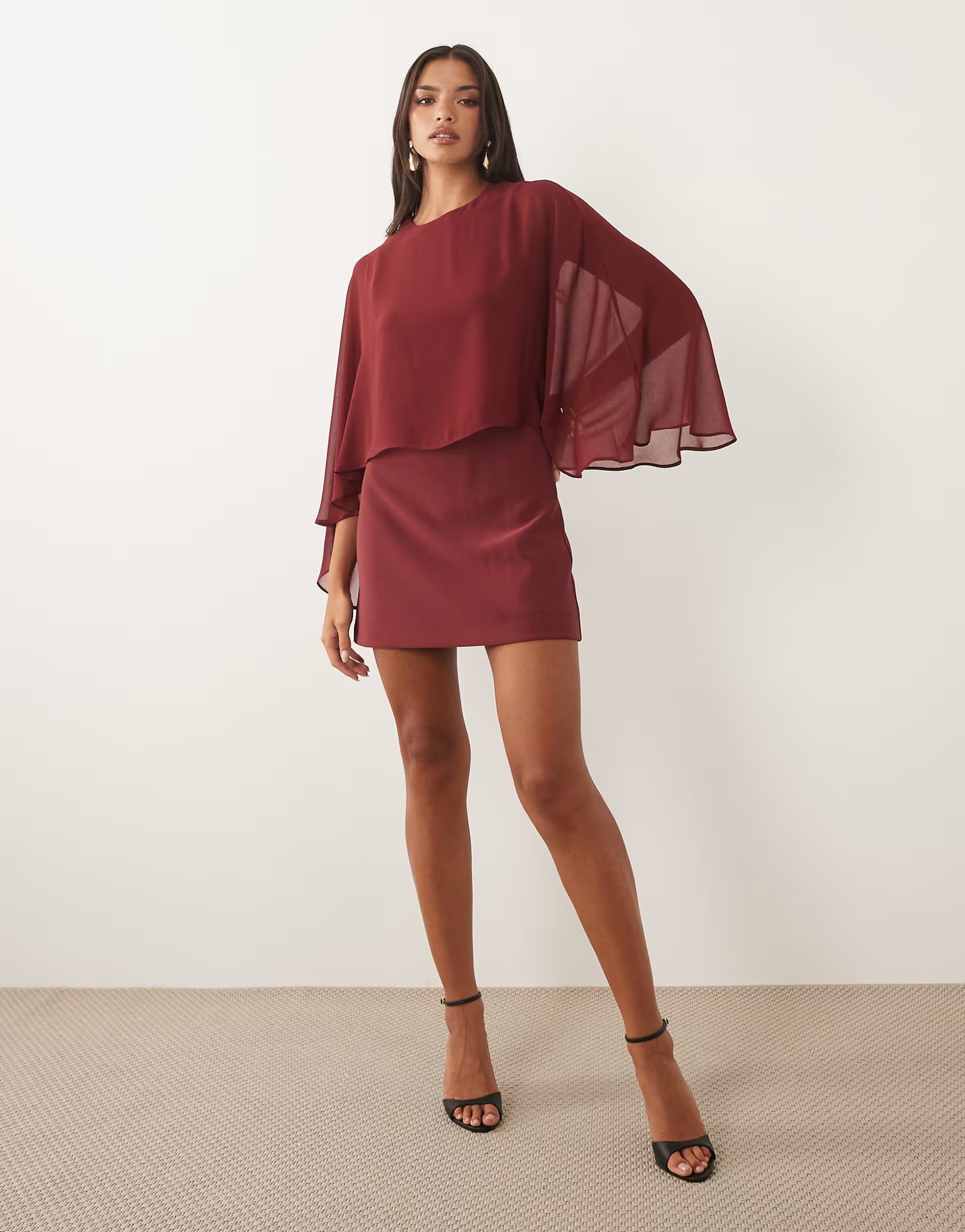 ASOS Forever New chiffon cape detail mini dress in burgundy