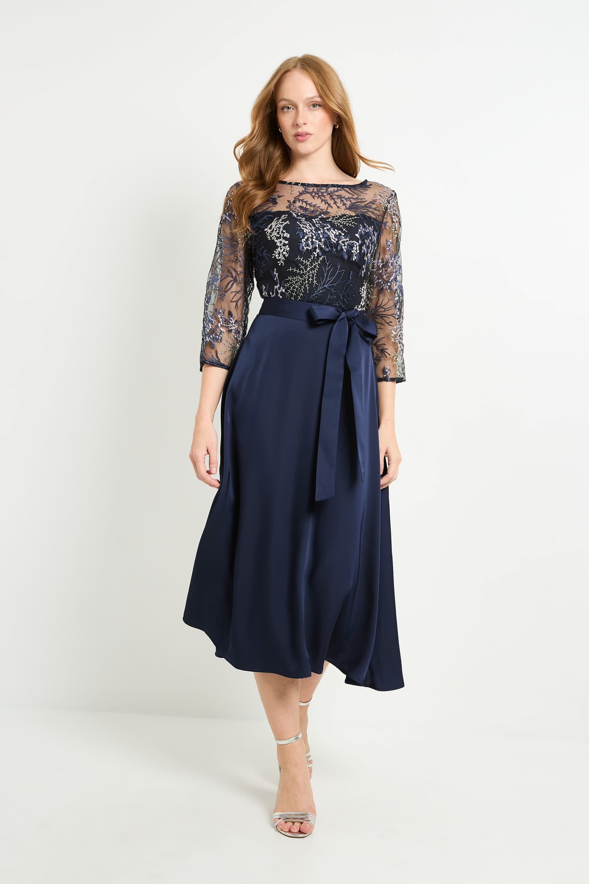 Wallis Wallis Women's Embroidered Mesh Midi Dress in Navy