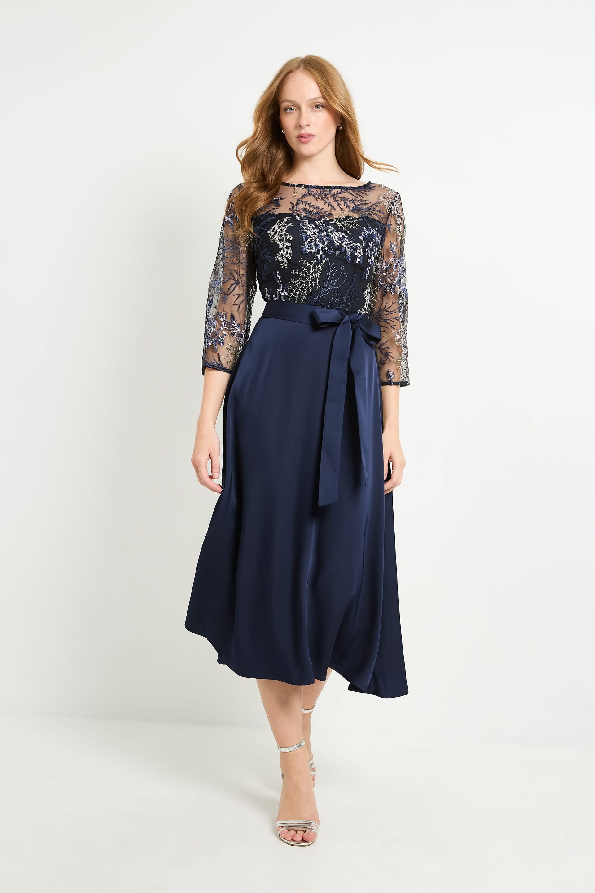 Wallis Women's Embroidered Mesh Midi Dress in Navy