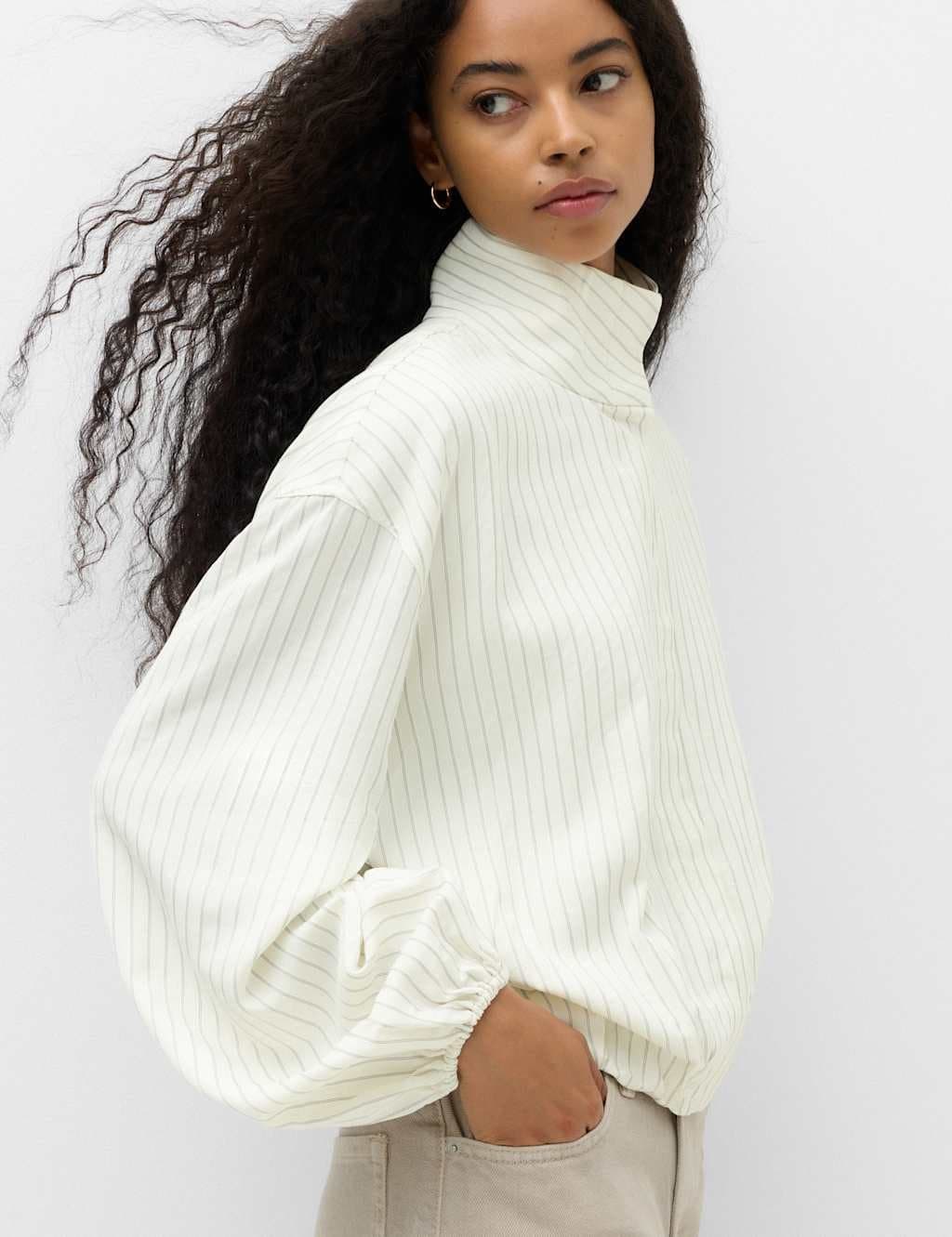 Marks & Spencer M&S Pinstripe Funnel Neck Shirt White Mix