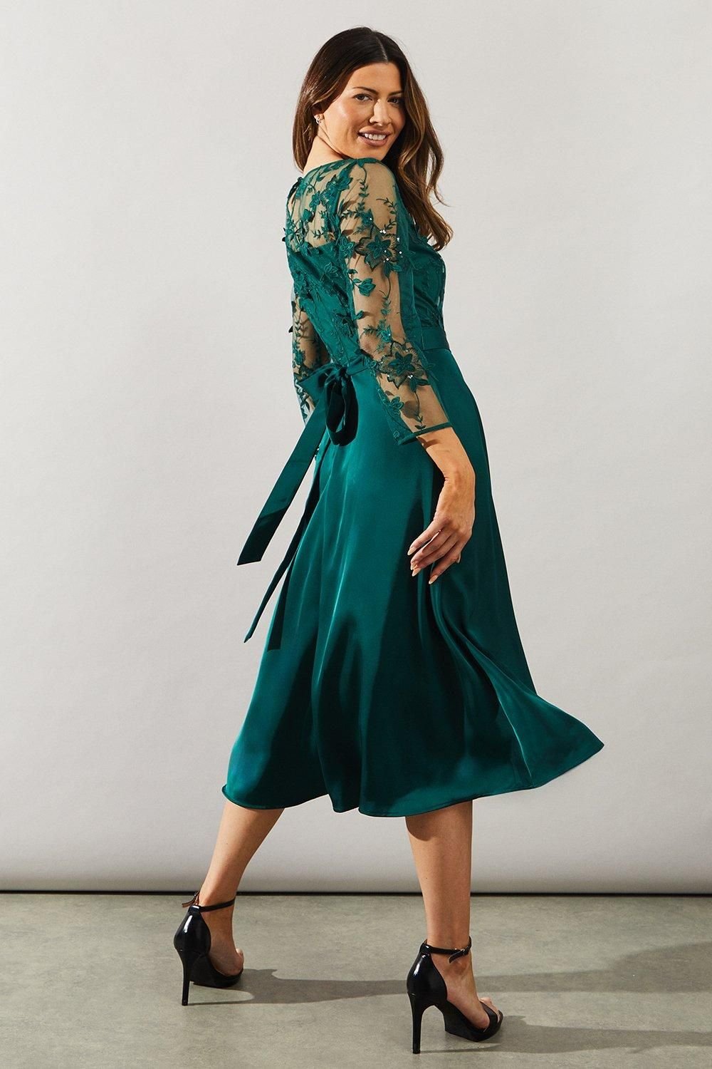 Wallis Wallis Women's Satin & Mesh Overlay Fit & Flare Dress in Emerald - 3