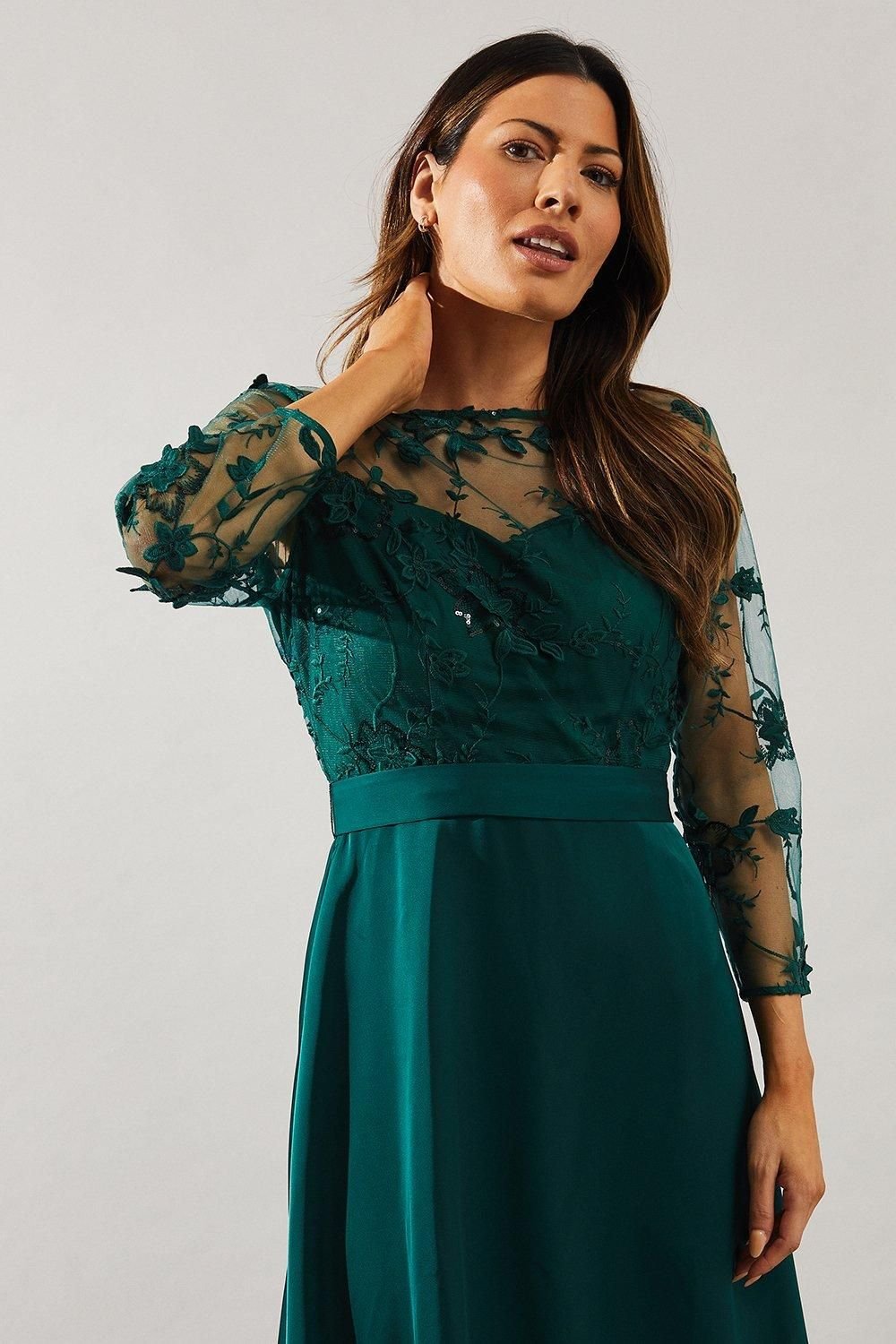 Wallis Wallis Women's Satin & Mesh Overlay Fit & Flare Dress in Emerald - 4