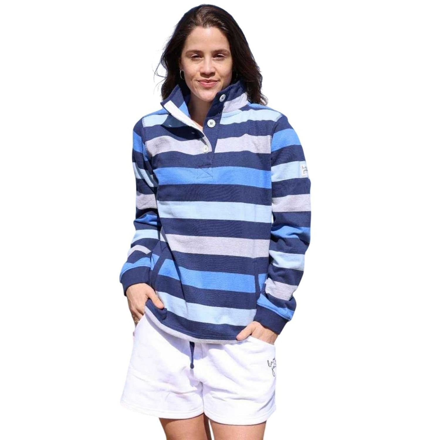 Lazy Jacks Lazy Jacks Women's Striped Button Neck Sweatshirt in Aqua
