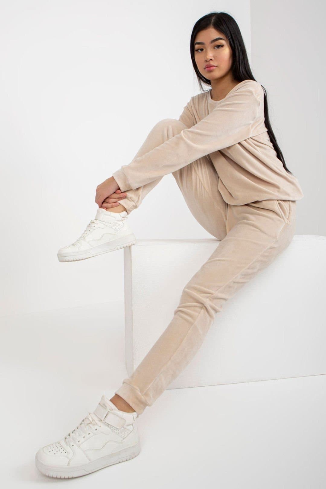 Love Lace Love Lace Women's Velour Blouse & Tie Waist Pants Set Style 175104 in Beige
